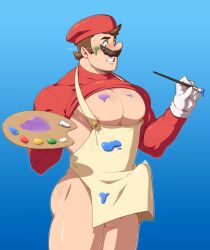 1boy bara big_pecs big_penis blush bottomless bulge edd_layerex erection gay gloves hat male male_only mario mario_(series) muscular muscular_male nintendo paint painter pecs penis red_shirt shirt solo super_mario_odyssey