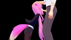 1girls 3d body_writing clothed_female clothed_male fox_ears fox_girl fox_tail gloves hand_on_another's_head hands_behind_back heart-shaped_pupils kneehigh_boots koikatsu long_hair oc oral original_character pantyhose pink_eyes pink_hair sayo_(sayo_lustfull) sayo_lustfull small_breasts tagme