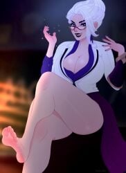 1girls autumn_ghost barefoot big_breasts cleavage foot_fetish glasses league_of_legends league_of_legends:_wild_rift leg_up licking_lips looking_at_viewer morgana on_table sitting solo star_guardian_series star_nemesis_morgana teacher thick_thighs tied_hair white_hair