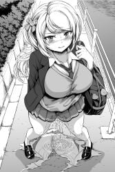 bag blush bow breasts embarrassed female female_focus fence hair_ornament hairbow highres large_breasts loafers long_hair looking_at_viewer monochrome necktie open_mouth outdoors panties pee_stain peeing peeing_self puddle reflection school_bag school_uniform shiina_nami skirt solo standing sweat tearing_up tears thighs underwear water_drop wet wet_clothes wet_skirt