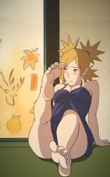 1girls accurate_art_style against_wall bare_legs bare_shoulders barefoot blonde_hair blush boruto:_naruto_next_generations breasts dress embarrassed feet female long_hair looking_away mature mature_female milf narrowed_eyes naruto night_dress partially_clothed presenting presenting_feet sitting soles solo solo_focus temari toenail_polish toes