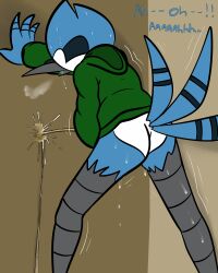 absurd_res anthro ass avian bird blue_jay bodily_fluids bottomless cartoon_network clothed clothing corvid desperation dialogue drooling hi_res hoodie illegaleel implied_penis jay_(bird) leaning_on_wall male male_only mordecai_(regular_show) new_world_jay omorashi oscine passerine pee_desperation peeing peeing_on_wall regular_show relieved saliva shaking solo solo_male sweat topwear