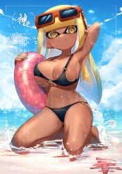 1girls beach bikini bikini_bottom bikini_top blush blush_lines blushing breasts brown_skin color colored female female_focus female_only inkling inkling_girl innertube jinko_uraaka jinkoika large_breasts looking_at_viewer nintendo smile solo splatoon splatoon_(series) sunglasses sunglasses_on_head watermark yellow_eyes yellow_hair yellow_tentacles