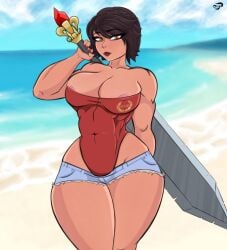 beach bellona_(smite) big_breasts breasts cleavage female female_only goddess huge_breasts large_breasts muscular muscular_female mythology nipple_slip quijo roman_mythology smite solo solo_female swimsuit tight_clothes tight_clothing