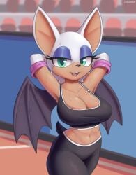 1girls 2020s 2022 anthro armpits arms_behind_head big_breasts black_nose blue_background blue_eyeshadow breasts brown_body chiropteran chiropteran_humanoid cleavage confident cooliehigh digital_media_(artwork) ega eyebrows eyelashes fangs female female_only furry furry_female furry_only green_eyes gym_uniform hair looking_at_viewer mammal mammal_humanoid milf navel no_humans open_smile outside pose posing rouge_the_bat sexy_armpits short_hair smile solo solo_female sonic_(series) sports_bra standing sweat tagme teeth thick_thighs voluptuous walking white_hair white_sclera wings