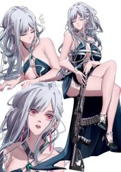 ak-12 ak-12_(girls'_frontline) ak-12_(quiet_azure)_(girls'_frontline) aqua_dress assault_rifle bangs bare_shoulders black_footwear breasts cleavage closed_eyes closed_mouth collarbone crossed_legs dress earrings female full_body girls'_frontline grey_hair gun hair_ornament high_heels highres jewelry jsc_kalashnikov_concern kalashnikov_rifle legs lips long_hair looking_at_viewer lying medium_breasts nipples official_alternate_costume on_stomach open_mouth parted_lips red_eyes rifle sitting smile solo teeth thighs twitter_username upper_teeth vermilli000n weapon white_background