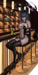 alcohol at_bar bar bar_counter bar_stool belly belly_button belly_button_visible_through_clothing belly_visible_through_clothing big_breasts black_hair blue_archive bpang72709895 breasts bunny_ears bunny_girl bunnysuit counter curvaceous curves curvy dark-skinned_female dark_hair dark_skin drink drinks karin_(blue_archive) karin_(bunny)_(blue_archive) large_breasts leotard number_tattoo see-through_clothing sitting_on_chair tattoo tattooed_arm thick thick_thighs thigh_highs thighhighs transparent_bunnysuit tummy yellow_eyes