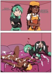 2koma after_sex blue_eyes breasts condom cum cum_in_pussy cum_on_body cum_on_breasts cum_on_face dark-skinned_female face_down_ass_up female fionapollo green_hair hat instant_loss_2koma light-skinned_female mint_(fionapollo) multiple_girls naked_female naked_hat nude pussy smug sorbet_(fionapollo) text torn_pants used_condom yonooshi youtube youtuber