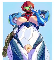 2022 armor armored_samus breasts breasts_out colored exposed_breasts exposed_pussy female hand_on_head helmet looking_at_viewer metroid metroid_dread nintendo partially_clothed power_suit princesskari pubic_hair pussy samus_aran solo_female useless_clothing varia_suit