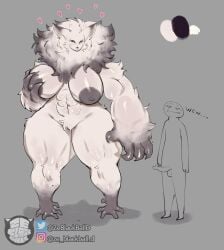 1boy 1boy1girl 1girls anthro big_breasts black_sclera claws erection female fluffy furry grabbing_own_breast gray_fur grey_fur heart hearts_around_head huge_breasts imminent_sex large_breasts larger_female male mane mane_hair monster monster_girl muscular_female muscular_thighs original_character smaller_male taller_female taller_girl the_huntress_(zeblackballd) thick thick_thighs white_fur yellow_eyes zeblackballd_(artist)