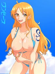 1girls big_breasts bikini bikini_top_down blue_bikini blue_sky bracelet breasts breasts_out brown_eyes clouds curvy ear_piercing exposing_chest female female_only long_hair nami nipples one_piece opalisart orange_hair post-timeskip shoulder_tattoo sky smile solo tattoo thick_thighs voluptuous wide_hips