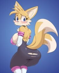 1girls 2020s 2021 2_tails anthro arms_under_breasts ass backboob big_breasts black_nose blue_background blue_eyes blush breast_hold breasts canine canine_humanoid clothed clothing cooliehigh eyebrows eyelashes female female_only fox fox_humanoid fur furry furry_female furry_only large_breasts looking_at_viewer looking_back mammal mammal_humanoid multi_tail no_humans rear_view ripped_clothing rule_63 sega solo sonic_(series) sweat tagme tail tails tails_the_fox tailsko teeth tuft wardrobe_malfunction white_body yellow_body yellow_hair