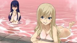 2girls ass bathing big_ass big_breasts big_butt blonde_hair blue_eyes blue_hair blush bubble_ass bubble_butt edens_zero embarrassed embarrassed_nude_female female_only gaston18 homura_kogetsu long_hair multiple_girls rebecca_bluegarden red_eyes showering smile smiling sole_female taking_a_bath