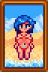 1girls animated big_ass big_breasts blue_eyes blue_hair cancernia emily_(stardew_valley) female female_only gif pixel_art red_bikini red_swimsuit solo solo_female stardew_valley thick_thighs walking