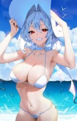 8ichibi8 beach beach_hat belly big_breasts bikini breasts curvaceous curves curvy curvy_female curvy_figure large_breasts original original_character sea sun_hat swimsuit swimwear thick tummy white_hair