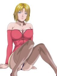 belt bible_black big_breasts blonde_hair blue_eyes breasts cross_earrings dress head_on kitami_reika kneeling lips neck_strap nipples nude nude_female open_hands shin_bible_black shoes skirt