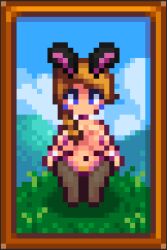 1girls big_ass big_breasts breasts brown_hair bunny_ears cancernia female female_only jodi_(stardew_valley) light-skinned_female pixel_art purple_eyes solo solo_female stardew_valley thick_thighs