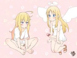 2boys angel angel_boy angel_wings balls bar_censor barefoot big_penis blond_hair blond_hair_male blond_male blonde_hair blonde_hair_male blonde_male blue_eyes blue_eyes_male blush bottomless bottomless_male breasts censored clothed clothing crimvael cute cute_male daisy_mitsumata dress duo duo_focus embarrassed_nude_femboy erection feet femboy fit fit_male flat_chest floating footwear functionally_nude functionally_nude_male gabriel_dropout human humanoid hung_femboy ishuzoku_reviewers light-skinned_male light_skin long_hair male male_focus male_only monster_boy partially_clothed penis sandals shirt sitting soles tenma_gabriel_white toes white-skinned_male white_dress white_shirt white_skin wings