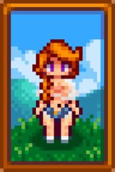 1girls animated big_ass big_breasts cancernia female female_only gif ginger ginger_hair leah_(stardew_valley) long_hair pixel_art purple_eyes solo solo_female stardew_valley thick_thighs walking white_shirt