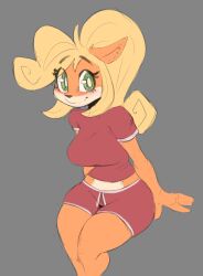 2022 4_fingers anthro bandicoot black_nose blonde_hair blush breasts coco_bandicoot cooliehigh crash_(series) digital_media_(artwork) ear_tuft eyebrows eyebrows_visible_through_hair eyelashes eyelashes_visible_through_hair female female_only furry furry_female furry_only green_eyes grey_background hair long_hair looking_at_viewer mammal mammal_humanoid no_humans orange_body red_shirt shirt shorts sitting sketch smile smiling_at_viewer solo solo_female tagme tuft white_pupils white_sclera