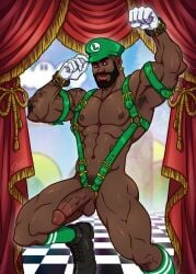 1boy abs african african_male armpit balls ballsack bara beard boner cabaret_bara cabaret_bara_series circumcised circumcision_scar cock_ring dark-skinned_male dark_skin darryl_(cabaret_bara) erect_penis erection facial_hair hard_on harness hat human luigi_(cosplay) male male_nipples male_only male_pubic_hair mario_(series) melanin muscles muscular muscular_male nintendo pecs penis posing scrotum smooth_skinned_male solo straps super_mario_bros. tattoos testicles twitter_user_oc veiny_penis