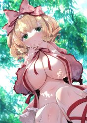 1girls alternate_breast_size big_breasts blonde_hair blush breasts cleavage detailed_background doll doll_joints dress female green_eyes hinaichigo large_breasts leaves legs light-skinned_female looking_at_viewer open_clothes open_mouth outdoors outside rozen_maiden solo tousen tree