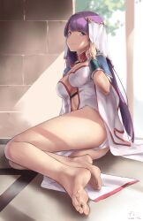 1girls ashamed ass barefoot belly blue_eyes breasts den_(kur0_yuki) fate/grand_order fate_(series) feet foot_fetish foot_focus laying_on_ground legs long_hair looking_at_viewer purple_hair saint_martha soles solo thighs toenails toes white_clothing