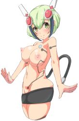 android android_girl blush breast_out dimension_w exposed_breasts female female_focus green_eyes green_hair looking_at_viewer medium_breasts mostly_nude mostly_nude_female purple_hair robot_tail short_hair small_areola smile smiling solo tail tattoo yurizaki_mira