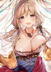 alcohol beer beer_glass beer_mug big_breasts breasts celebration cheers drink drinks huge_breasts karory pointy_chin purple_eyes spilling spilling_drink violet_eyes