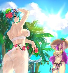 2girls ;) alternate_costume ass back back_view bare_back bare_thighs bikini bikini_top braid braided_ponytail breasts female female_only fire_emblem fire_emblem_heroes green_hair hand_fan hat huge_breasts large_ass large_breasts loki_(fire_emblem) loki_(summer)_(fire_emblem) long_hair looking_at_viewer looking_back medium_hair multiple_girls n_ah_n nintendo official_alternate_costume outdoors ponytail purple_bikini purple_eyes purple_hair purple_swimsuit sarong see-through smile sun_hat swimsuit thighs thorr_(fire_emblem) thorr_(summer)_(fire_emblem) tree very_long_hair wet white_bikini white_swimsuit wink yellow_bikini yellow_eyes yellow_swimsuit