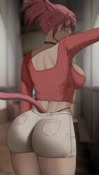 1girls ass ass_focus backboob big_ass big_breasts booty_shorts breasts cat_ears cat_tail catgirl choker crop_top cropped_sweater final_fantasy final_fantasy_xiv large_ass large_breasts looking_at_viewer looking_over_shoulder miqo'te pink_hair savagexthicc shorts solo standing sweater thick_thighs thighs thong thong_above_shorts thong_straps tight_clothing zephyr_winds