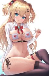 1girls 2022 :q absurdres akai_haato aqua_eyes bangs bikini blonde_hair bow bowtie breasts brooch eyepatch_bikini female female_focus female_only hair_ornament heart heart_hair_ornament highres hololive hololive_gen_1 hololive_japan jewelry large_breasts long_hair looking_at_viewer navel red_bow red_bowtie red_nails side-tie_bikini simple_background sitting solo solo_female stomach swimsuit thigh_strap thighhighs thighs tongue tongue_out two_side_up uni_ikura virtual_youtuber wet white_background