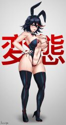 1girls arcsinge big_breasts blue_eyes blush breasts bunny_ears bunny_girl bunnysuit eye_contact female female_focus female_only kill_la_kill leotard looking_at_viewer matoi_ryuuko pasties see-through_clothing short_hair solo standing thick_thighs thighhighs thighs transparent_bunnysuit