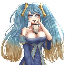 big_breasts blue_eyes blue_hair bubble_tea bubble_tea_challenge drink drinking league_of_legends looking_at_viewer non-nude sfw sona_buvelle thin_waist two_tone_hair zahraadia