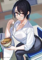 1girls bangs black_hair black_pants blurry_background blush bowl breasts chair chopsticks female female_focus food glasses highres kagematsuri looking_at_viewer noodles original purple_eyes revision short_hair sitting smile white_shirt