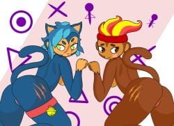 2girls ass bandage bell bloons bloons_td_6 bloons_tower_defense blue_body blue_fur blue_hair breasts brown_body brown_eyes brown_fur cat_pose ezili female female_only green_eyes gwendolin headband kneeling kneeling_female looking_at_viewer monkey monkey_girl multicolored_hair multiple_girls paws pussy red_hair scars scars_on_face scars_on_thighs simple_shading smudge_catt tail tails_(disambiguation) thick_thighs thigh_strap thighs vagina yellow_hair