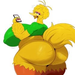 1girls avian big_ass big_bird big_breasts bottomless clothing edit female female_only genderbent looking_back meme mohawk_(hairstyle) phone rear_view rule_63 sesame_street solo sssonic2 voluptuous wrinkles yellow_body