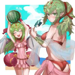 2girls alternate_costume bikini closed_eyes closed_mouth dragon_wings dragonstone dual_persona female female_only fire_emblem fire_emblem:_mystery_of_the_emblem fire_emblem:_shadow_dragon_and_the_blade_of_light fire_emblem_awakening fire_emblem_heroes food fruit green_eyes green_hair hair_ornament highres leon0630claude long_hair looking_at_viewer multiple_girls nintendo official_alternate_costume one-piece_swimsuit open_mouth pink_swimsuit pointy_ears ponytail red_bikini red_swimsuit swimsuit teeth tiki_(adult)_(fire_emblem) tiki_(adult)_(summer)_(fire_emblem) tiki_(fire_emblem) tiki_(young)_(fire_emblem) tiki_(young)_(summer)_(fire_emblem) upper_teeth veil watermelon wings