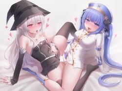 2girls blue_eyes blue_hair blush breasts cameltoe dress gloves hat honyang long_hair military_uniform multiple_girls necklace open_mouth original original_character panties red_eyes saliva_on_mouth skirt skirt_lift sweat sweaty sweaty_body thighhighs tribadism tribadism_through_clothing twintails underwear uniform white_gloves white_hair white_panties witch witch_hat yuri