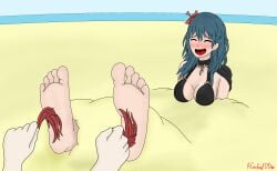 1girls a_confused_tickler alternate_costume barefoot beach bikini black_bikini black_swimsuit blush breasts buried byleth_(fire_emblem) byleth_(fire_emblem)_(female) byleth_(summer)_(fire_emblem)_(female) capelet cleavage closed_eyes feet female female_focus fire_emblem fire_emblem:_three_houses fire_emblem_heroes gloves hair_flower large_breasts laugh medium_hair nintendo ocean official_alternate_costume open_mouth outdoors sand solo_focus swimsuit teal_hair tickle_torture tickling