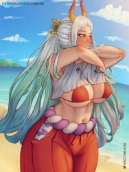 1girls beach big_breasts bikini blue_hair blush breasts brown_eyes cleavage clothed clothing curvy curvy_figure ear_piercing earrings ecchisage female female_focus female_only gradient_hair hakama hi_res highres hoop_earrings horned_humanoid horns humanoid japanese_clothes large_breasts light-skinned_female light_skin long_hair midriff multicolored_hair navel one_piece oni oni_horns revealing_clothes sideboob simple_background solo solo_female swimsuit thick thick_thighs two_tone_hair undressing voluptuous white_hair wide_hips yamato_(one_piece) youkai