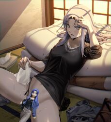 after_masturbation bottomless censored clothes collarbone fate_(series) female figure futon highres indoors looking_down medea_(fate) navel parted_lips purple_eyes purple_hair pussy_juice rasupekuto sleeves_rolled_up solo spread_legs sweat tissue tissue_box