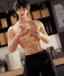 abs barista bathroom black_hair grey_eyes kodogasai male_only phil_mizuno solo_male