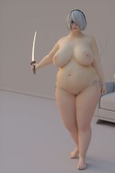 1girls 3d areolae bbw belly big_belly big_breasts breasts chubby fat female female_only hairband ineffective_clothing light-skinned_female light_skin nier nier:_automata nipples nude nude_female overweight short_hair solo solo_female white_hair wisecatmiracle yorha_2b