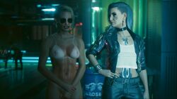 2girls 3d angry angry_face aviator_sunglasses cd_projekt_red cyberpunk_2077 female female_only forced_exposure hung_s0l0 mature_female mature_woman naked oc pink_nipples public_nudity rogue_amendiares sunglasses sweaty_body tan_body tanline tinted_eyewear v_(cyberpunk_2077) valerie_(cyberpunk_2077) viletta_(hung_s0l0)