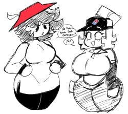 2girls :o big_breasts breasts domino's_pizza dork_boi female lewd_dorky mob_face multiple_girls pizza_hut tagme triangle_mouth