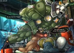 balls bara big_balls big_muscles big_penis bk_mita boner erection fully_clothed gay guilty_gear helmet imminent_anal imminent_sex male male_only muscles muscular musk onomatopoeia penis penis_size_difference potemkin precum ripped_clothing size_difference speech_bubble sweaty