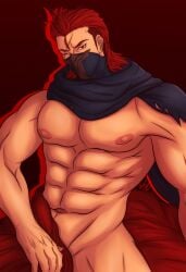 1boy abs fire_emblem fire_emblem_fates looking_at_viewer male male_only mask muscular muscular_male nintendo nude nude_male one_eye_closed red_eyes red_hair saizou_(fire_emblem) scar short_hair solo vel_(art_vtm)