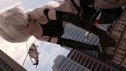 1girls 3d breasts city female female_only giantess light-skinned_female light_skin long_hair macro nier nier:_automata solo solo_female velocity-vektor white_hair yorha_a2