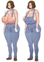 1girls apron bare_shoulders big_areola breasts_outside brown_hair cleavage curvy female huge_breasts looking_at_viewer mature milf mucc naked_overalls nipples original original_character overalls_only partially_clothed short_hair smiling thick_thighs venus_body